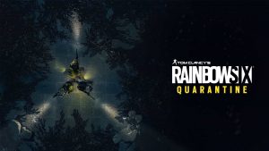 Three soldiers stand in a circle with guns, fighting off an incoming infection. The Rainbow Six Quarantine logo is also here.