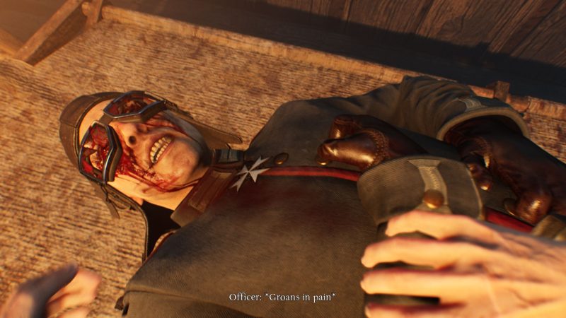 A fallen German soldier screams in pain as blood pours from his eyes in Ad Infinitum on PS5