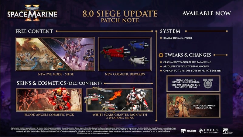 Warhammer 40,000 Space Marine 2 Update 8.0 Adds Siege PvE Mode, Gameplay & Balancing Tweaks; Full Patch Notes Listed