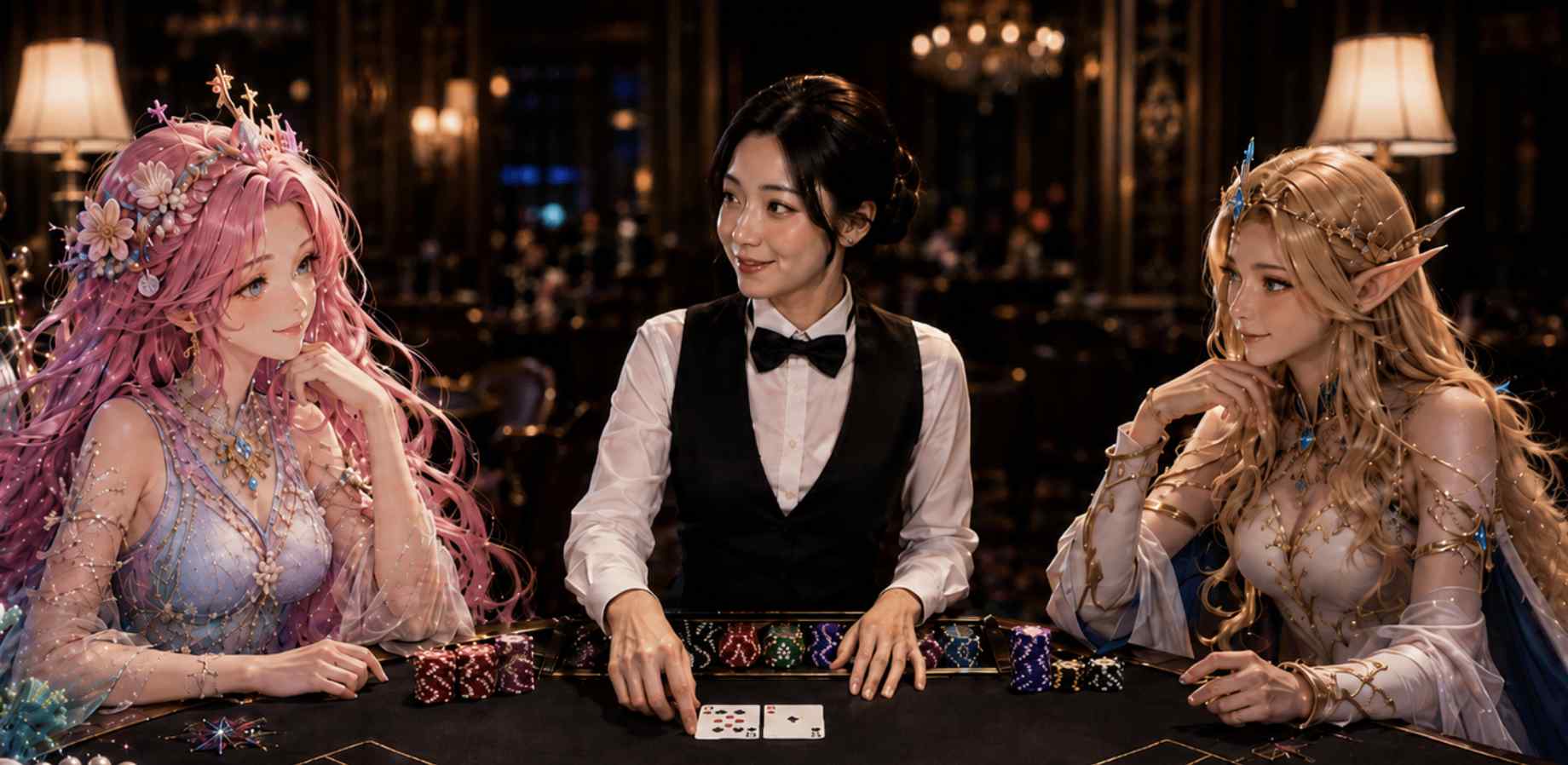 Drei Charaktere spielen Karten an einem Casino-Tisch mit Fantasy-Slot und magischen Elementen.